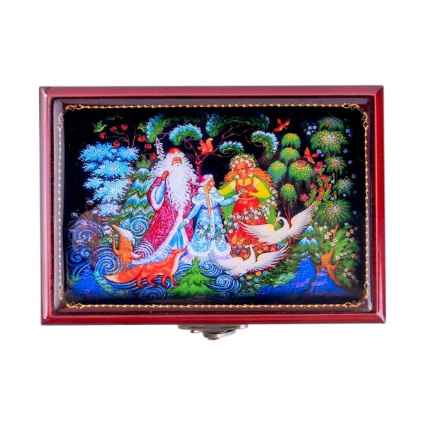 Wooden Jewelry Trinket Box with Mirror Snow Maiden and Father Frost
