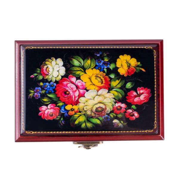 Wooden Jewelry Trinket Box with Mirror Traditional Florals