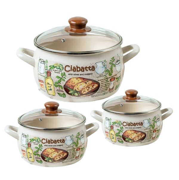 Ciabatta Enamel Casserole Set of 3 with Glass Lids