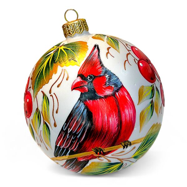 Collectible Hand-Painted Glass Ornament – Red Cardinal on Rowan Tree | Premium 360° Holiday Design