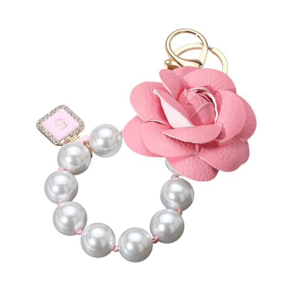 Leather Pink Rose with Pearl Beads Keychain