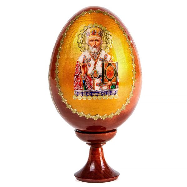 Saint Nicholas Handmade Wooden Lacquer Egg on Stand