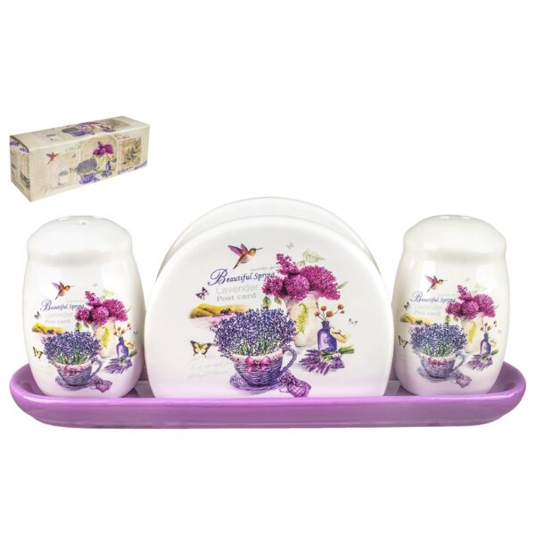 Provence Ceramic Salt Pepper Shaker Set with Napkin Holder and Tray