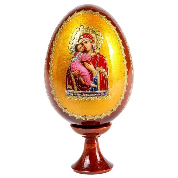 Our Lady of Vladimir Handmade Wooden Lacquer Egg on Stand