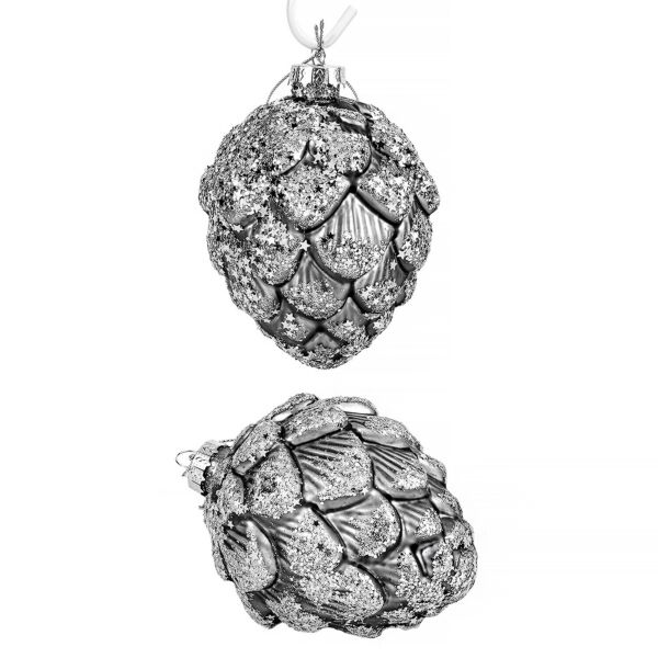 Silver Pine Cone Glass Christmas Tree Ornaments Set of 2