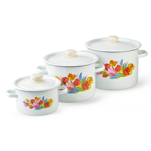 Spring Bouquet Cylindrical Enamel Pot with Enamel Lid Set of 6 pcs