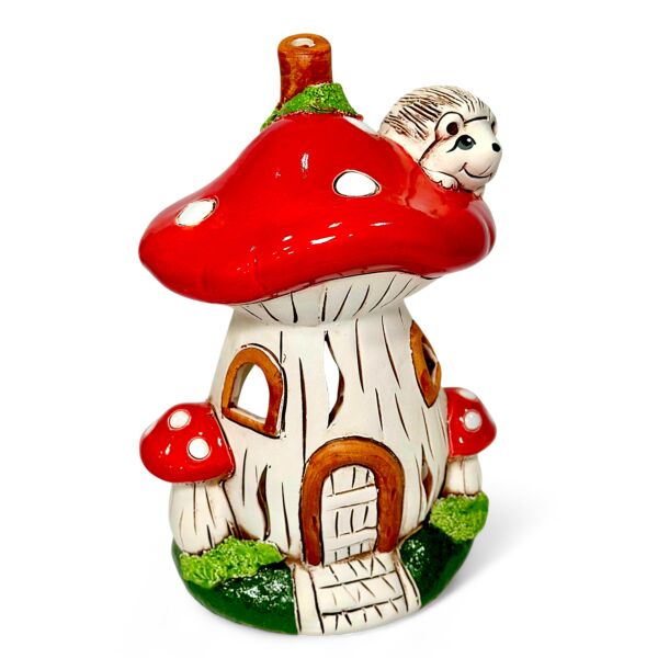 Hand-Painted Clay Mushroom Candle House with Little Hedgehog