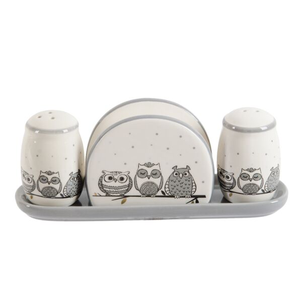Owls Ceramic Salt and Pepper Shaker Set with Napkin Holder and Tray