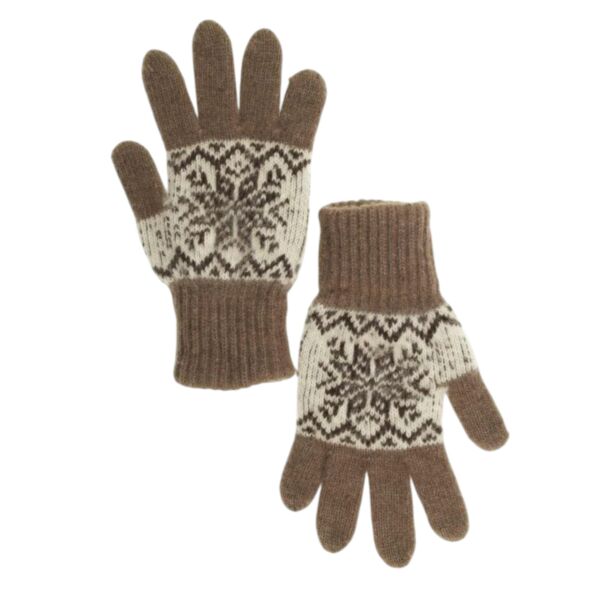 Coffee and White Snowflake Wool Women&#039;s Gloves in Size 17-18