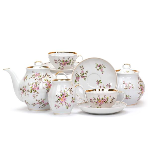 Blossoms Gold Rim Porcelain 15 pc. Porcelain Tea Set for 6 persons