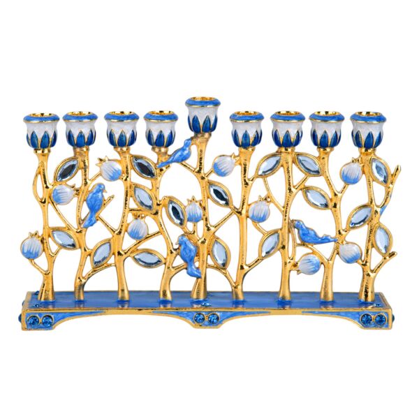 Handcrafted Jeweled Flowers Hanukkah Menorah in Gift Box