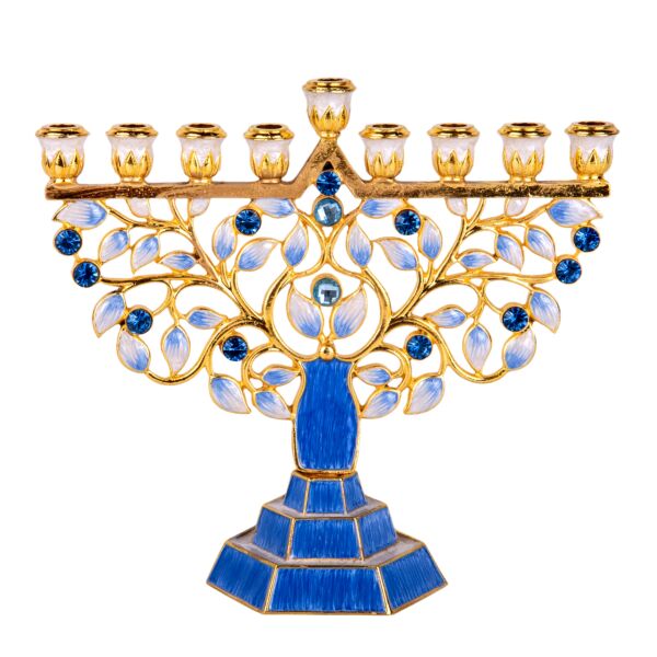Hand Painted Enamel Crystal Menorah Pomegranate Tree in Gift Box 