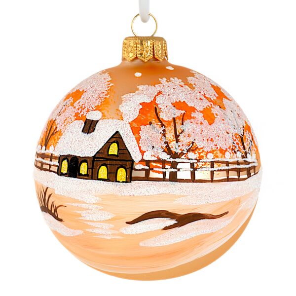 Christmas Village on Gold — Hand-Painted Glass Ornament