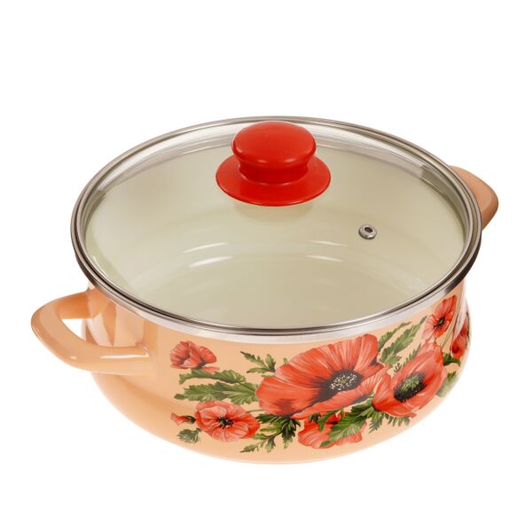 Red Poppy Enamel Casserole with Glass Lid