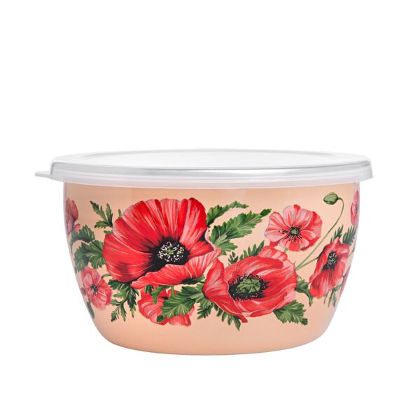 Red Poppy Enamel Bowl with Lid