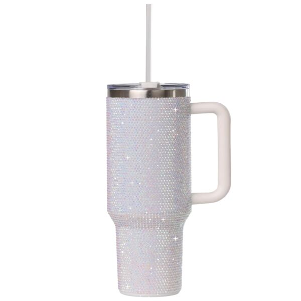 Silver Stainless Steel Rhinestone Insulated Tumbler with Handle, Lid, Straw