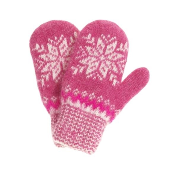 Raspberry Snowflake Wool Kids&#039; Mittens in Size 13 / 4-6 years