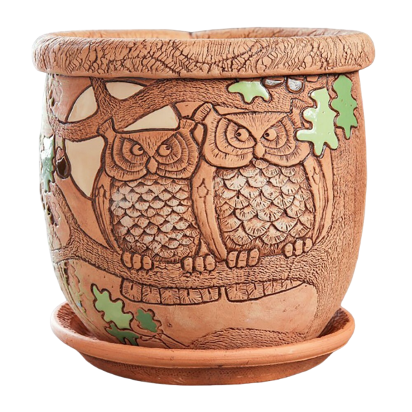 Owls Ceramic Planter with Drainage Hole and Saucer. Flower Pot