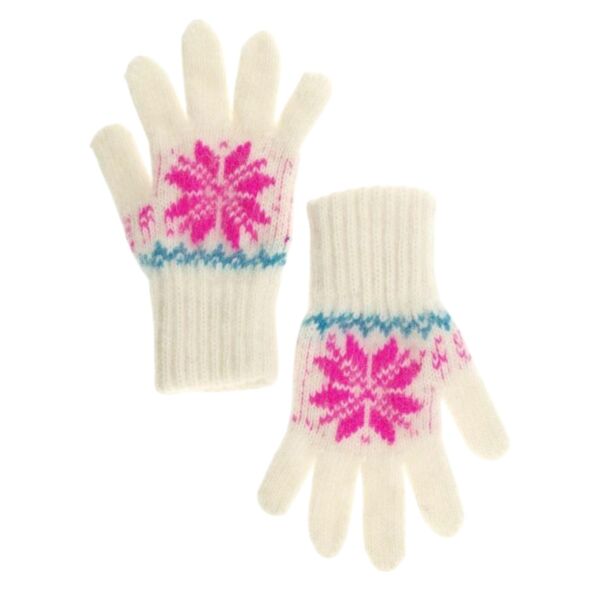 Pink and White Ornament Wool Kids&#039; Gloves in Size 13 / 4-6 years