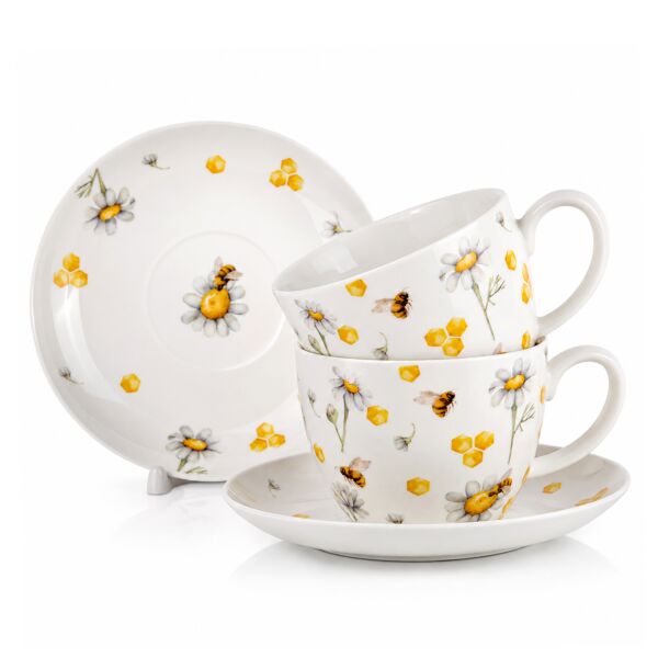 Tea and Honey Porcelain Mug with Saucer Set for 2