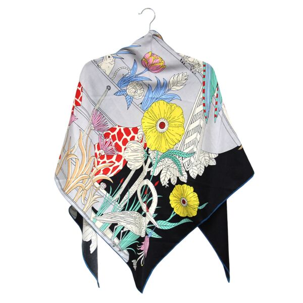 Floral Symphony Cashmere and Silk Triangle Scarf in Black and Yellow