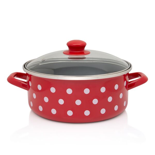 Polka Dots Vintage Enamel Stock Pot with Glass Lid