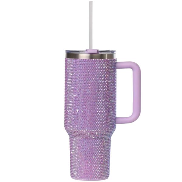 Lilac Stainless Steel Rhinestone Insulated Tumbler with Handle, Lid, Straw