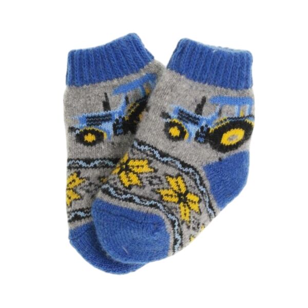 Blue Tractor Children&#039;s Wool Socks in Size 11-12 / 1 year (color: blue, gray)