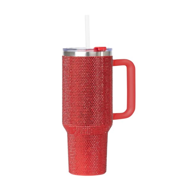 Red Stainless Steel Rhinestone Insulated Tumbler with Handle, Lid, Straw