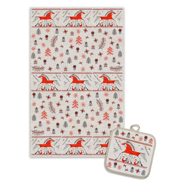 Mezen Horse Linen Cotton Kitchen Towel and Potholder Set