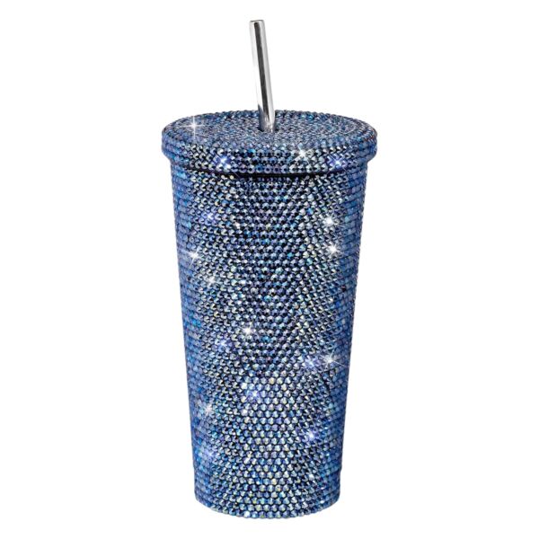 Navy Stainless Steel Rhinestone Insulated Tumbler with Lid and Straw