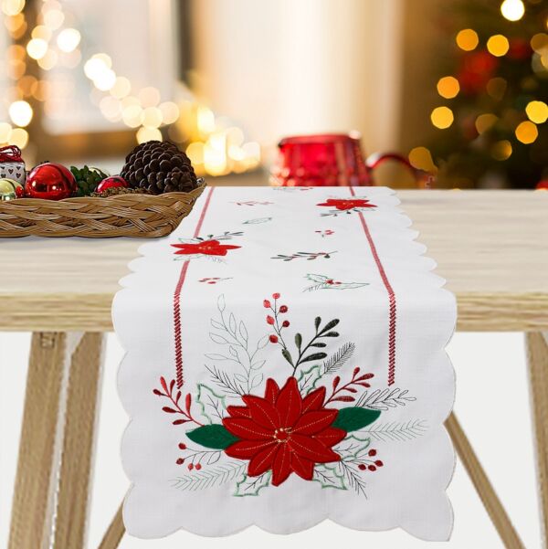 Red Poinsettia Flower Table Runner