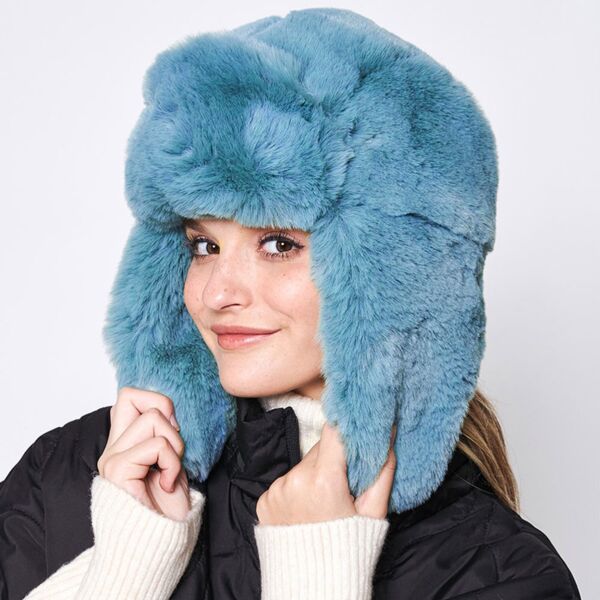 Tiffani Blue Faux Rabbit Ushanka Hat with Clasp