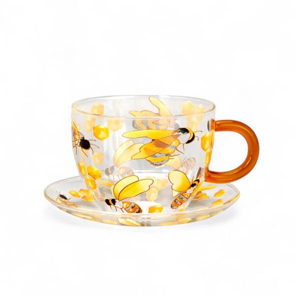 Glass Teacup and Saucer Honey Bee Heat Resistant 