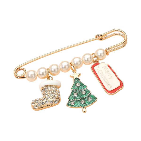 Gold Christmas Safety Pin Brooch with Charms and Pearls