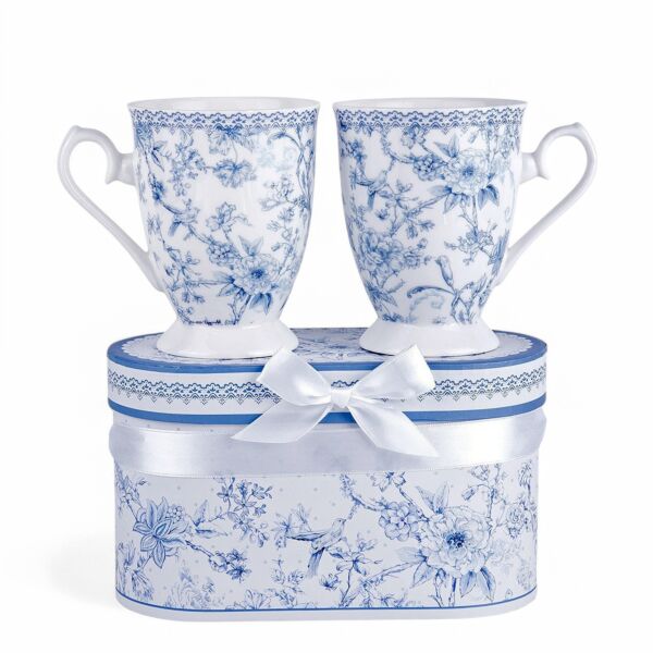 Vintage Blue Flowers New Bone China Mug Set of 2 in Gift Box