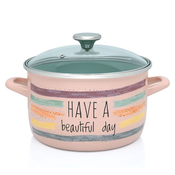 Have a Beautiful Day Vintage Enamel Stock Pot with Glass Lid