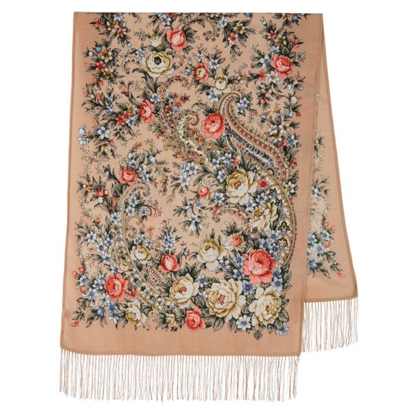Flower Romance Pavlovo Posad Wool Shawl with Fringe