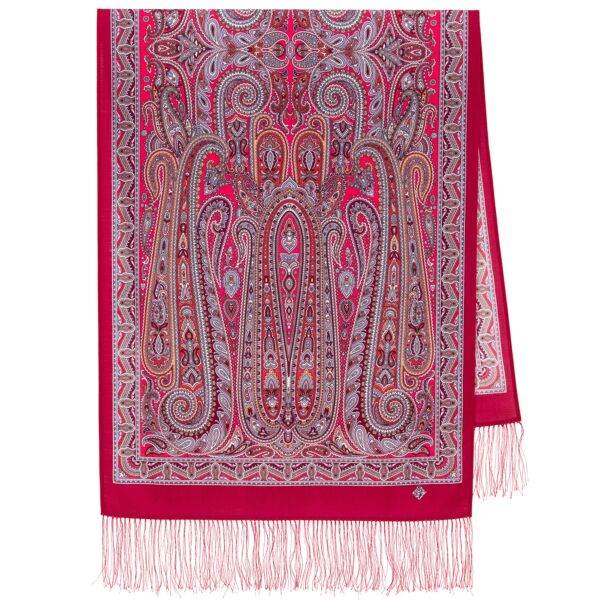Winter Spice Red Pavlovo Posad Wool Shawl with Fringe