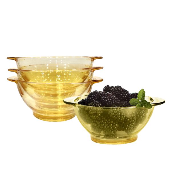 Yellow Borosilicate Glass Bowl with Handles, Set of 4