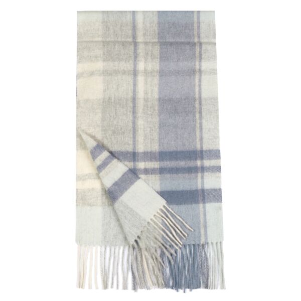 Unisex Plaid 100% Wool Scarf with Fringe (blue, ivory)
