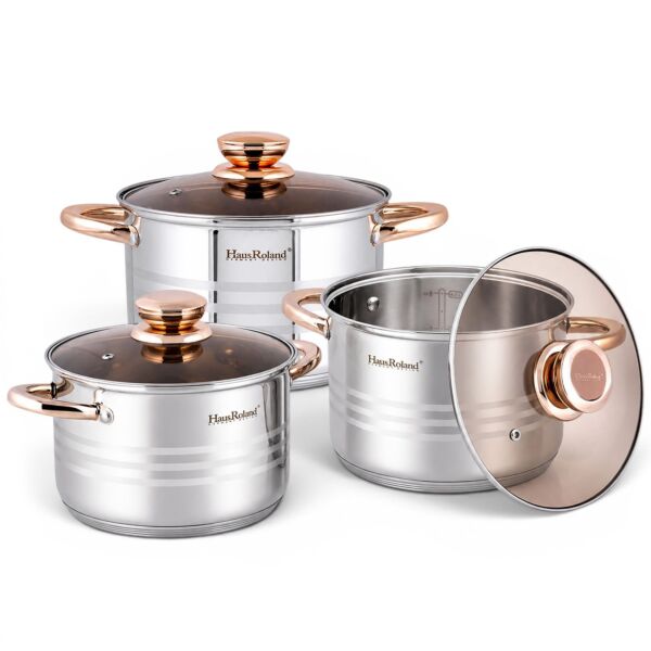 Stainless Steel Stockpot with Bronze Glass Lid Set of 3