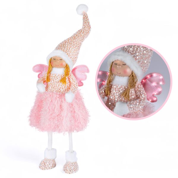 31.9&quot; Pink Snow Angel Handmade Christmas Decor Collectible Doll with Wings and LED
