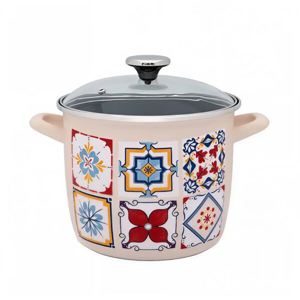 Porto Mediterranean Vintage Deep Enamel Stock Pot with Glass Lid 5.4 Qt