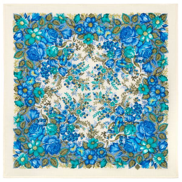 Classic Blue Florals Pavlovo Posad Wool Shawl
