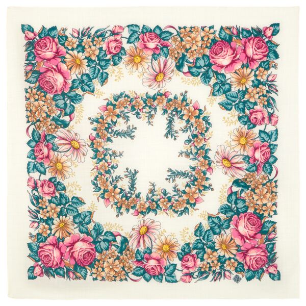 Pink Roses on White Pavlovo Posad Wool Shawl