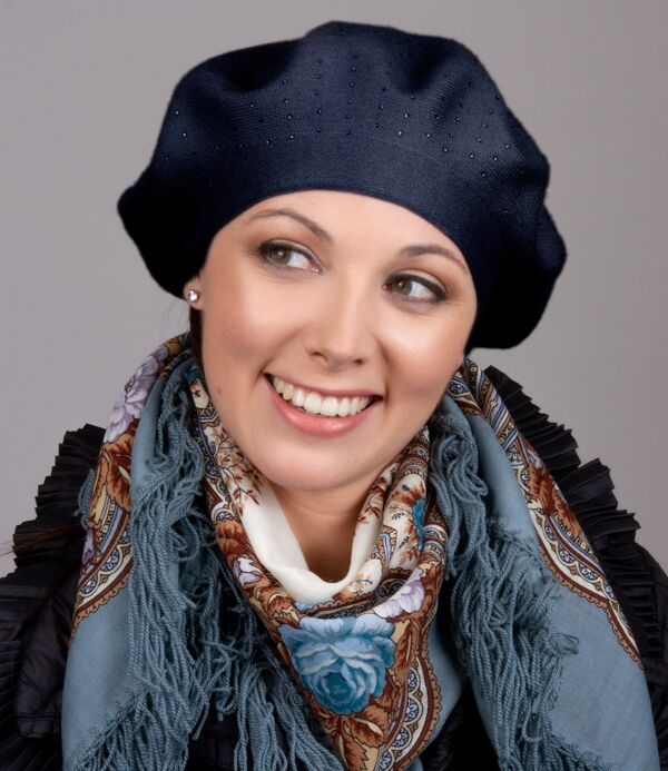 Dark Blue Crystal-Embellished Knitted Beret