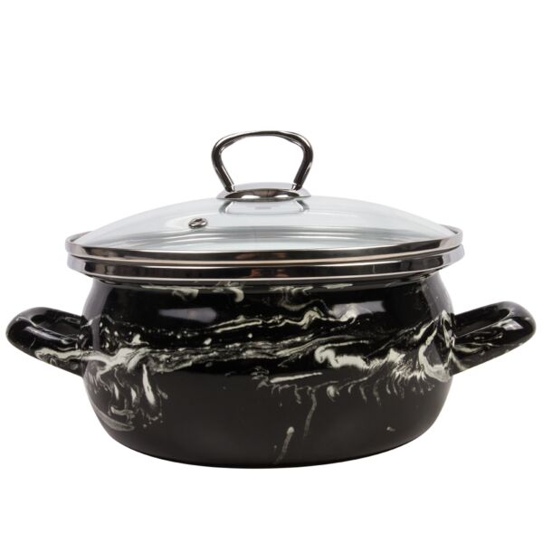 Shake Black and White Enamelware Pot with a Glass Lid
