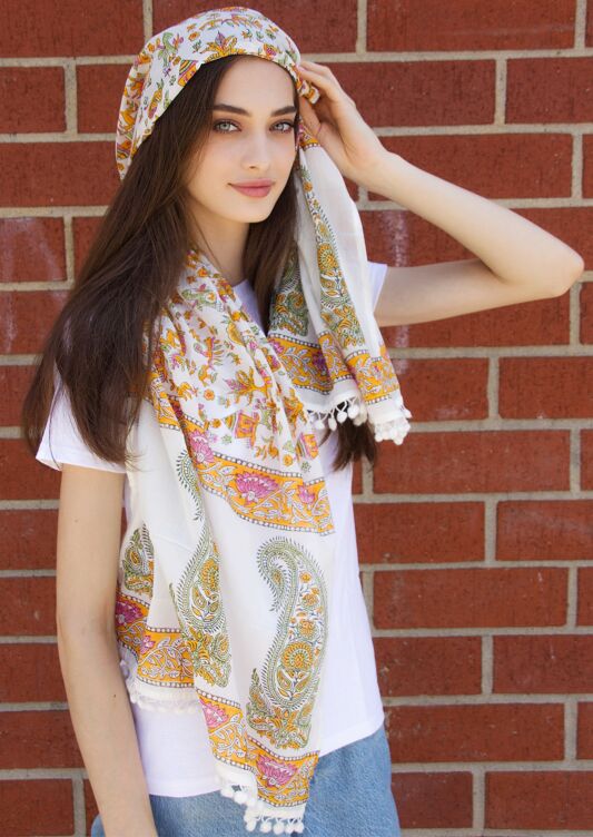 Cotton Scarf with Pom Poms (Mustard &amp; Sage)