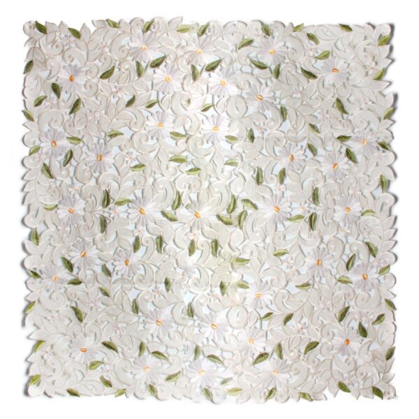 White Daisy/Green Leaves Embroidered Table Topper